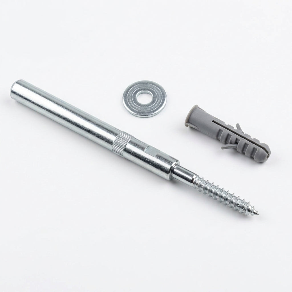 A silver metal wall anchor screw with a threaded tip, a flat washer, and a gray plastic wall plug, arranged on a plain white background.