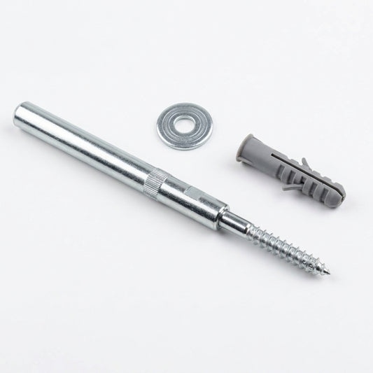 A silver metal wall anchor screw with a threaded tip, a flat washer, and a gray plastic wall plug, arranged on a plain white background.