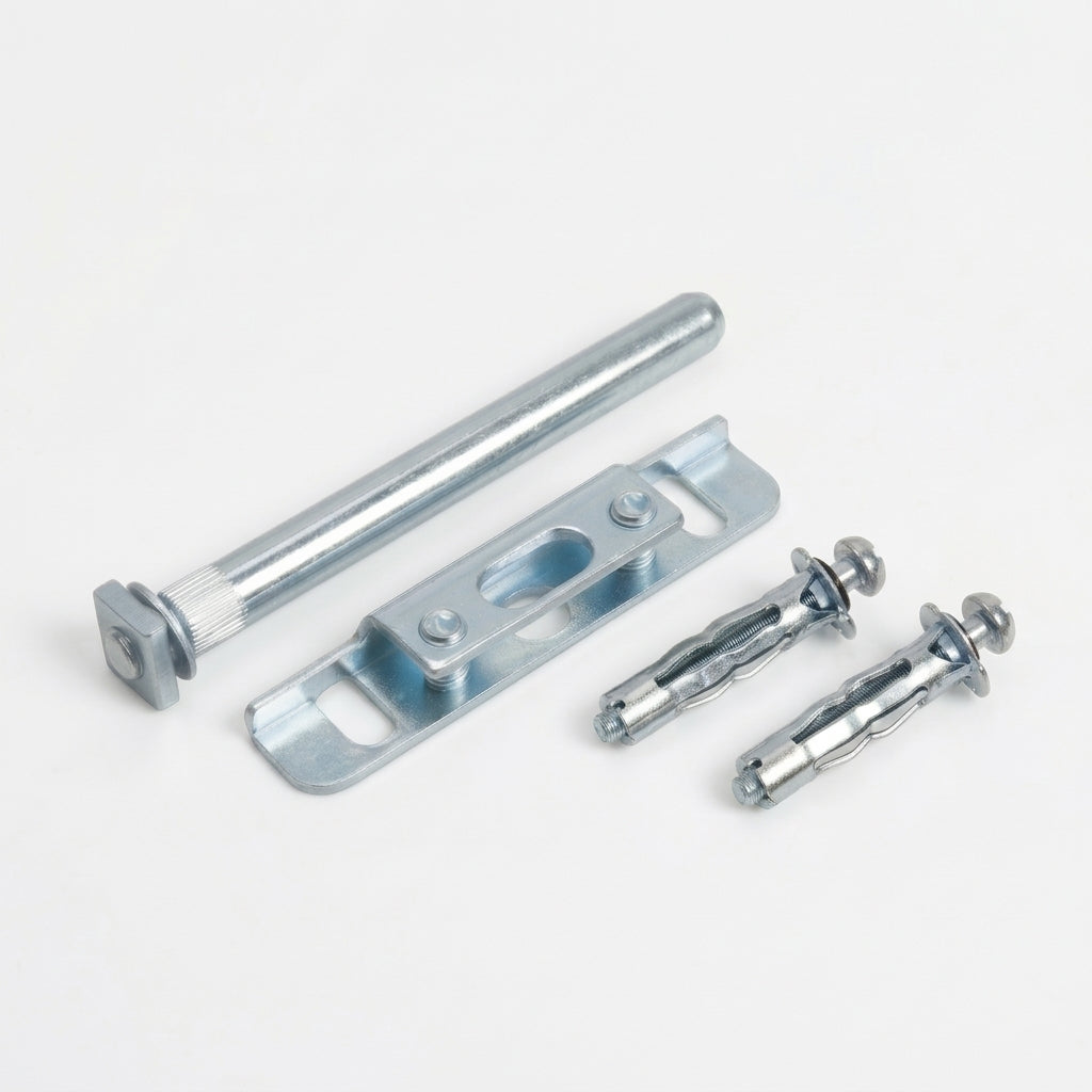 Galvanized metal door hardware set including a long thumb turn bolt, a mounting bracket, and two wall anchor screws on a white background.