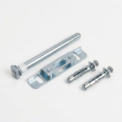 Galvanized metal door hardware set including a long thumb turn bolt, a mounting bracket, and two wall anchor screws on a white background.