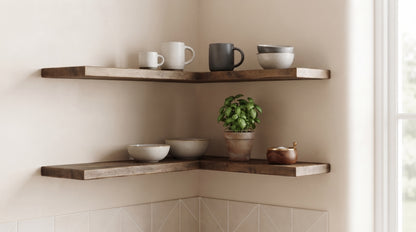 Solid Wood Corner Shelf, Rustic Floating Wall Shelving (Depth 22cm)