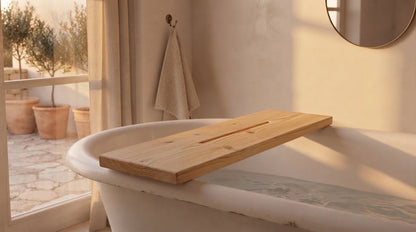 Solid Wood Bath Caddy, Wooden Bathtub Shelf with Phone & Tablet Groove