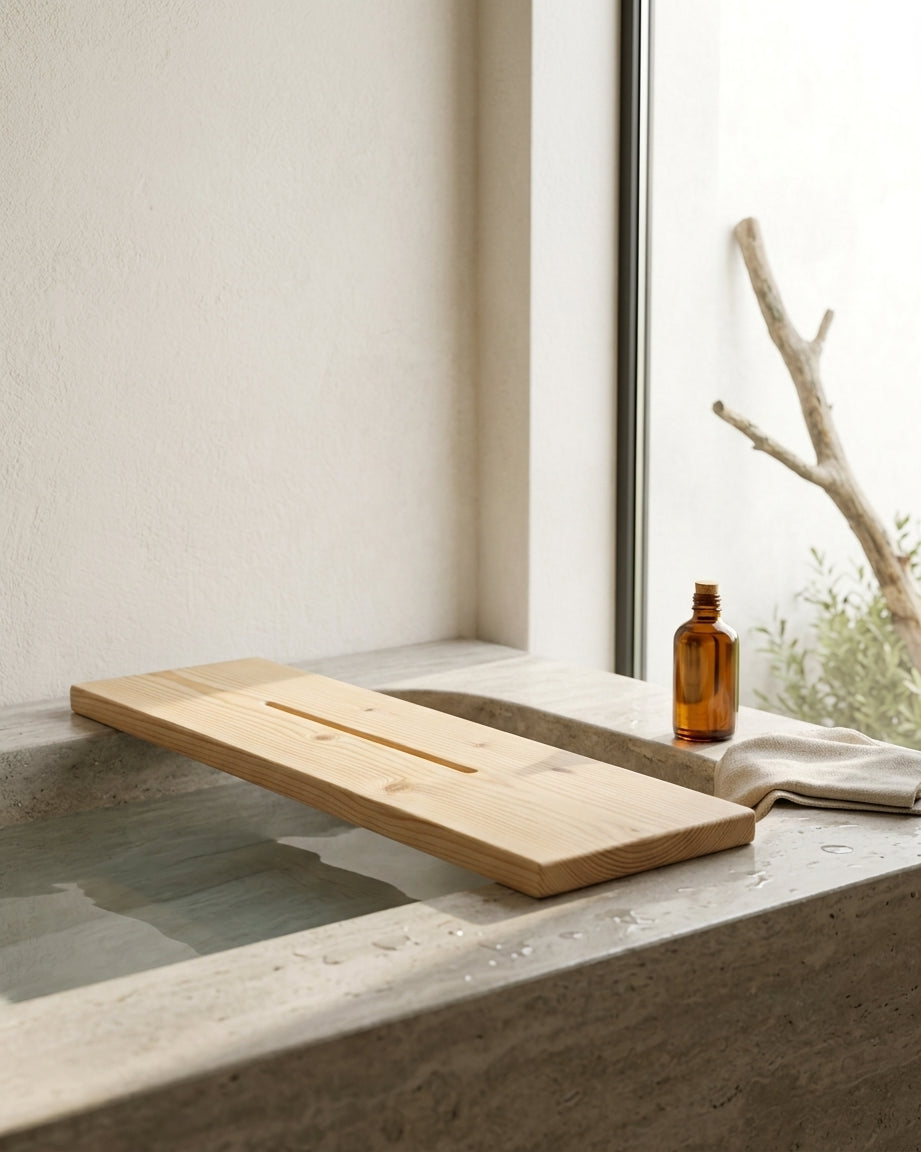 Solid Wood Bath Caddy, Wooden Bathtub Shelf with Phone & Tablet Groove
