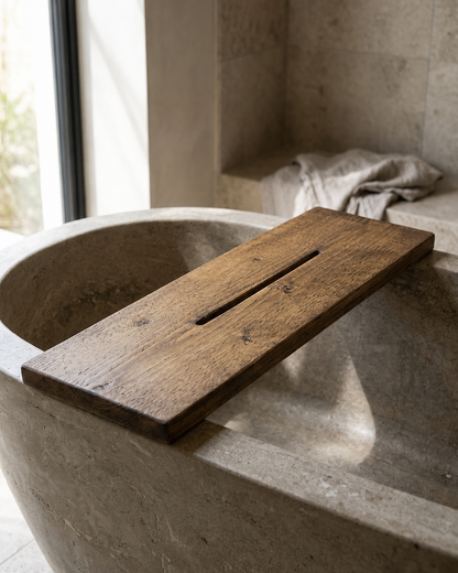 Solid Wood Bath Caddy, Wooden Bathtub Shelf with Phone & Tablet Groove