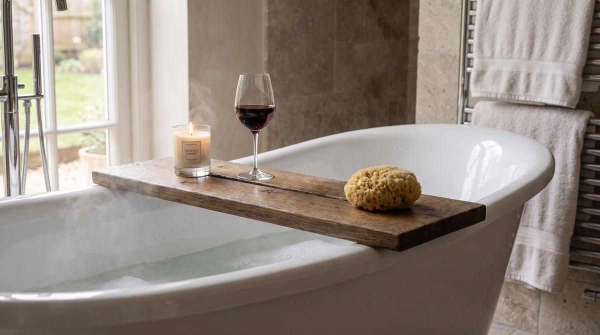 Solid Wood Bath Caddy, Wooden Bathtub Shelf with Phone & Tablet Groove