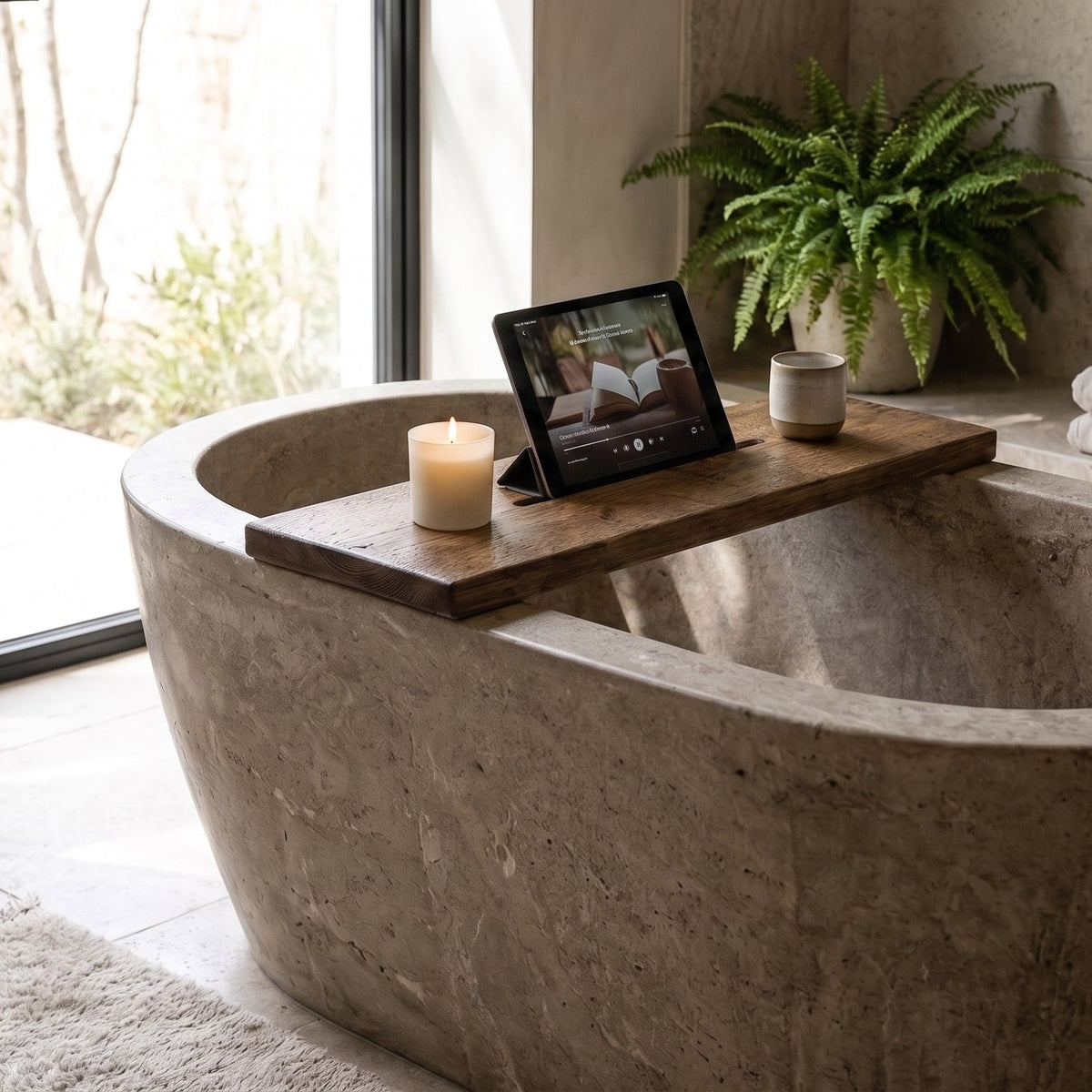 Solid Wood Bath Caddy, Wooden Bathtub Shelf with Phone & Tablet Groove