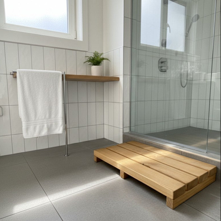 A modern bathroom corner with white wall tiles, a grey floor, a glass shower enclosure, a wooden duckboard, a floating shelf with a small plant, and a white towel hanging from a metal rack.
