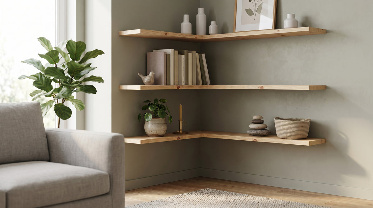 Solid Wood Corner Shelf, Rustic Floating Wall Shelving (Depth 22cm)