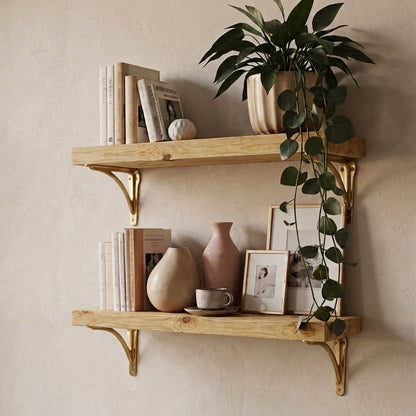 Rustic Wood Shelf With Solid Brass Brackets, Heavy Duty Floating Shelf Set, Golden Shelf Support, Farmhouse Open Shelving