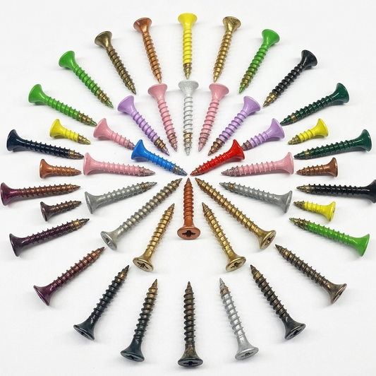A collection of colorful wood screws arranged in a circular pattern on a plain white background.