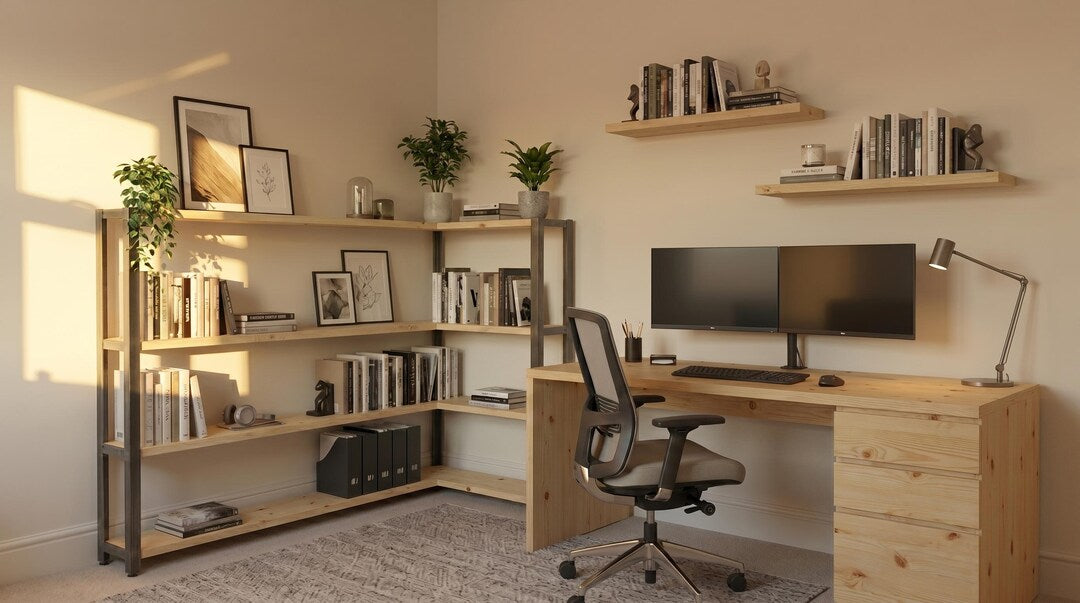Industrial 4-tier corner shelving unit: wood and steel bookshelf