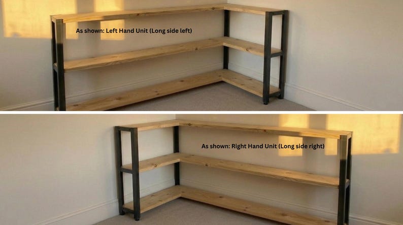 L-shaped corner shelving unit: left-hand unit (long side left) and right-hand unit (long side right)