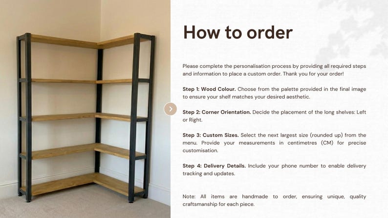 Corner shelving unit with a black metal frame and five light brown wooden shelves