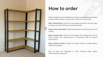 Corner shelving unit with a black metal frame and five light brown wooden shelves
