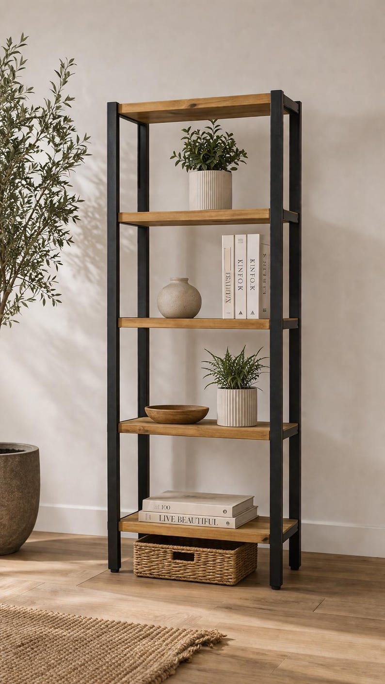 Tall bookshelf with a black metal frame and five natural wood shelves holding plants and books