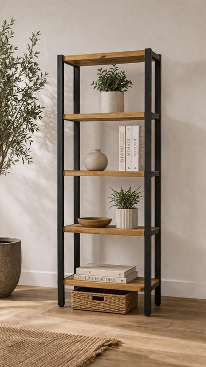 Tall bookshelf with a black metal frame and five natural wood shelves holding plants and books