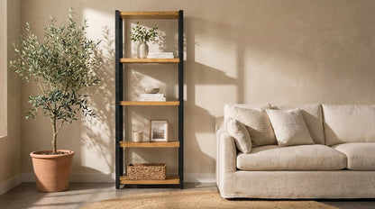 Tall bookshelf with five light wooden shelves on a black metal frame