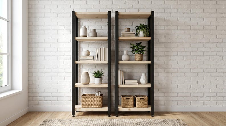Two tall four-tier shelving units with black metal frames and light wooden shelves