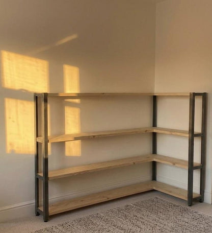 Industrial corner shelving unit in a room corner