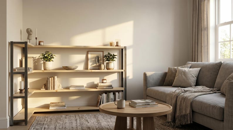 Industrial corner shelving unit: wood and steel bookshelf