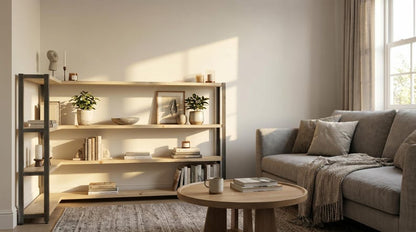 Industrial corner shelving unit: wood and steel bookshelf