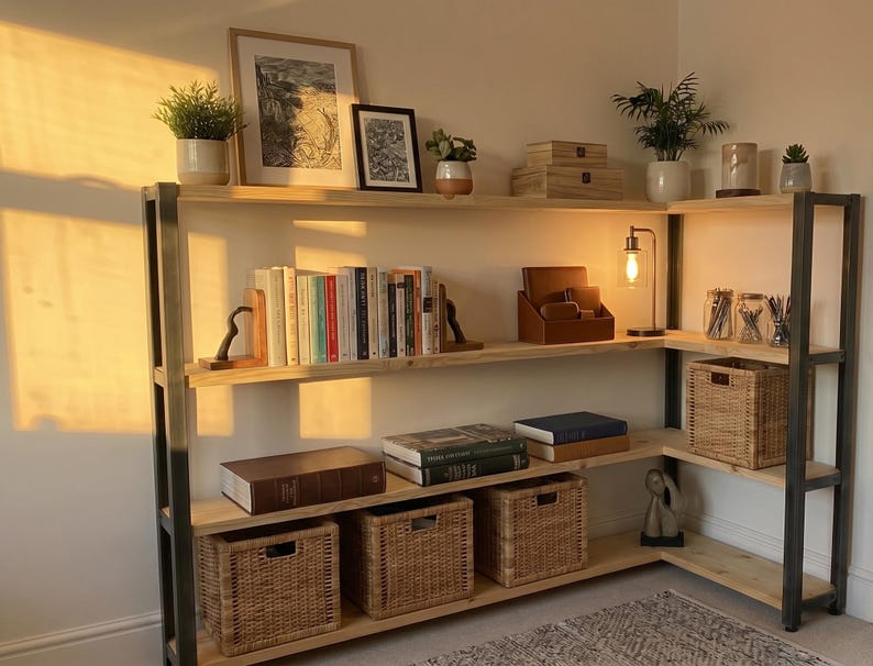 Industrial 4-tier corner shelving unit with a black metal frame and wooden shelves