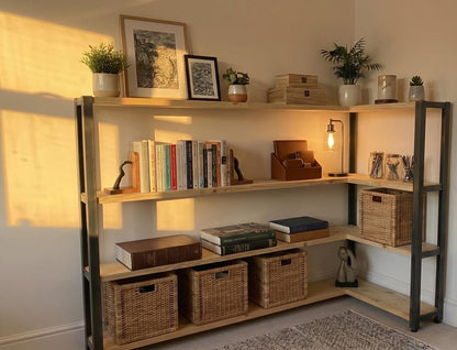 Industrial 4-tier corner shelving unit with a black metal frame and wooden shelves