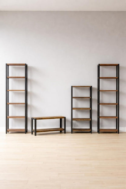 Set of two tall bookshelves, a shorter bookshelf and a low bench with dark metal frames and brown wooden shelves