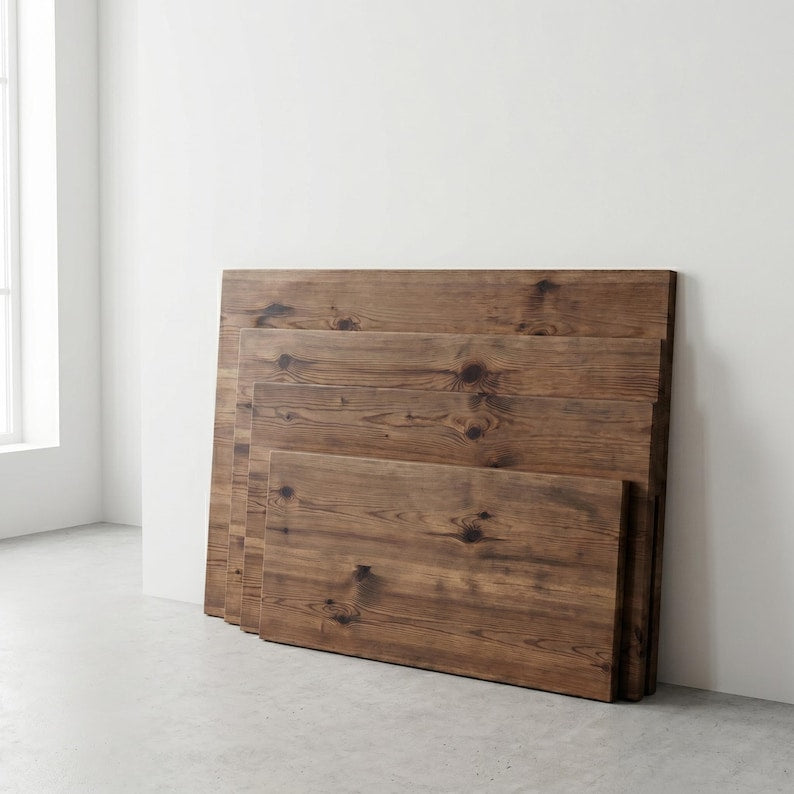 Stack of four dark brown wooden boards leaning against a white wall
