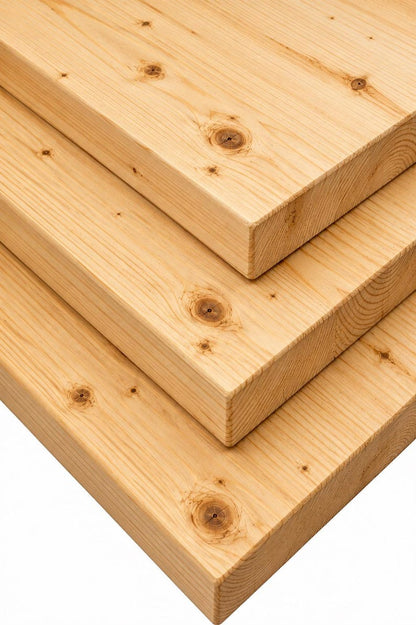 Three stacked light tan wooden boards with natural grain and knots