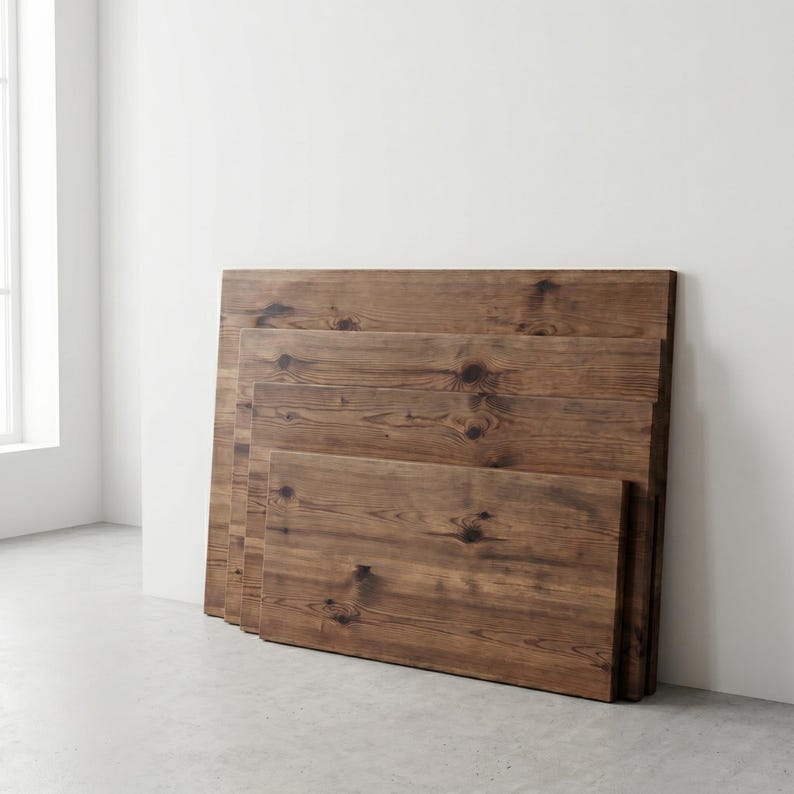 Stack of four dark brown wooden boards leaning against a white wall