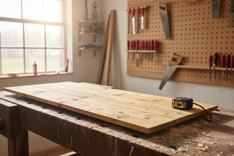 Light brown wooden board on a workbench with a tape measure on top