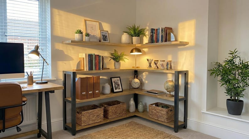 L-shaped corner shelving unit with light wood finish and dark metal frame