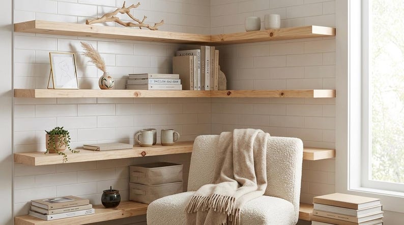 Three light wood floating shelves mounted in a corner on a white tiled wall
