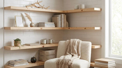 Three light wood floating shelves mounted in a corner on a white tiled wall