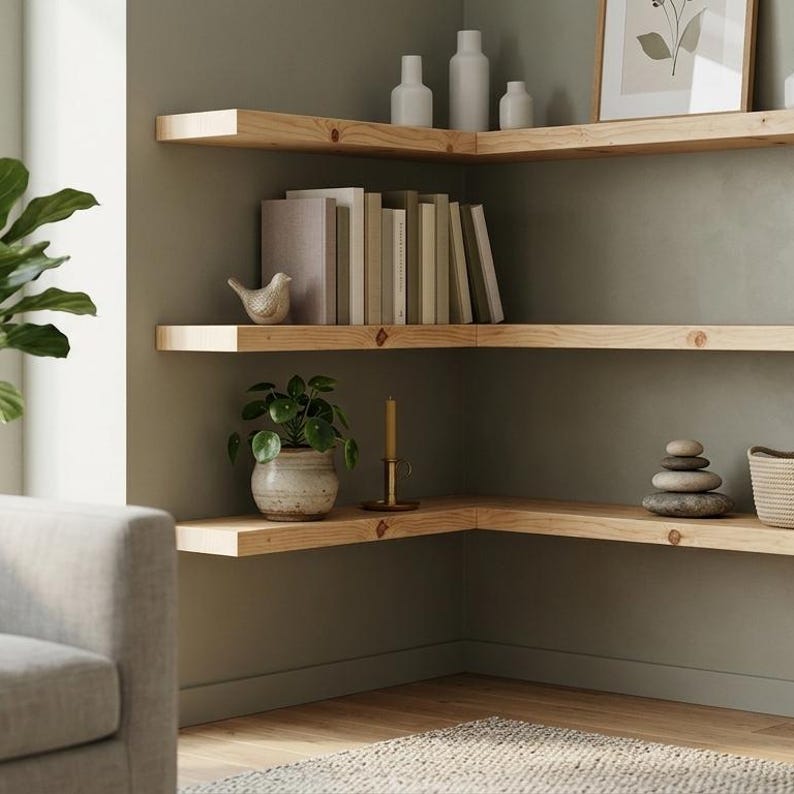 Solid wood corner shelf, rustic floating wall shelving (depth 22cm)