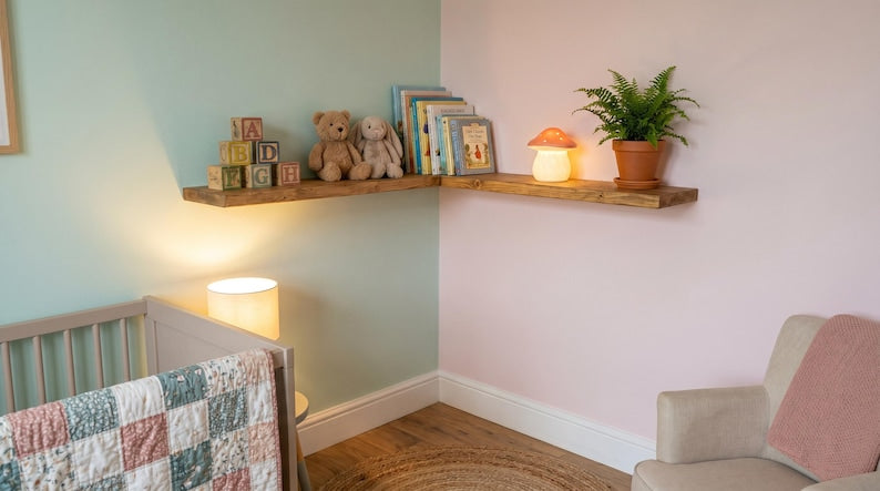 Two wooden corner shelves on a light green and pink wall
