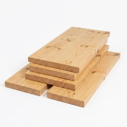 Stack of four light brown wooden boards with natural grain and dark knots