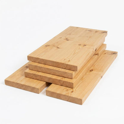 Stack of four light brown wooden boards with natural grain and dark knots
