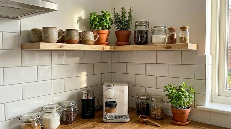 Solid wood corner shelf, rustic floating wall shelving (depth 15cm)