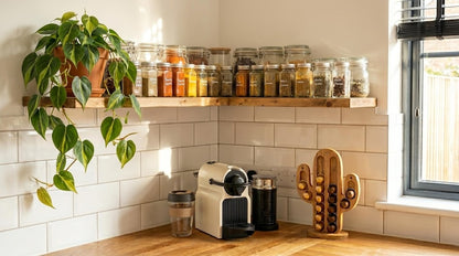 Wooden corner shelf holding spice jars and a plant above a coffee machine