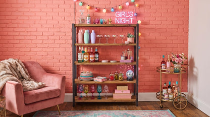 Five-tier wooden shelving unit with a dark metal frame holding glassware and bottles