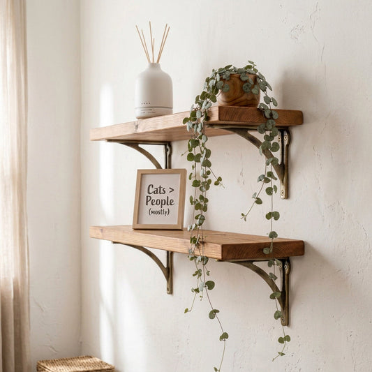 Rustic wood shelves with antique brass cast iron brackets