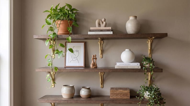Three dark wood floating shelves with gold-toned brackets