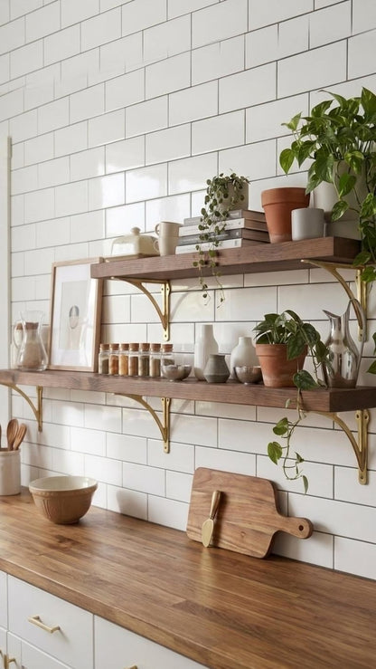 Two dark wood shelves with gold-toned brackets on a subway tile wall