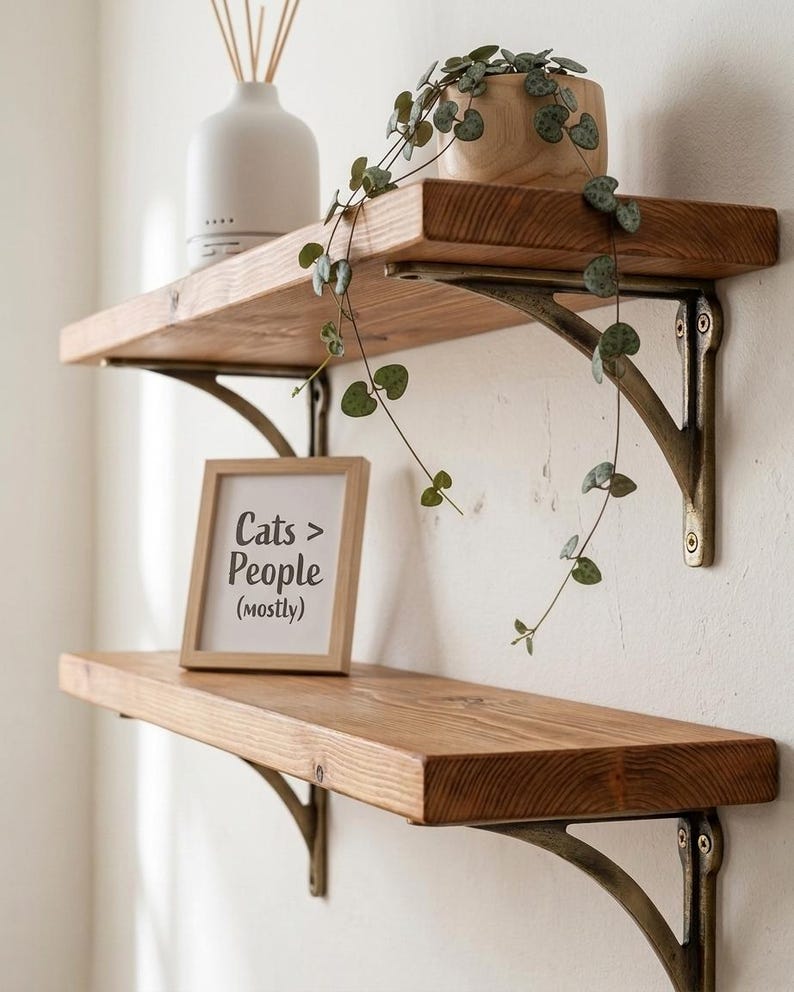 Two wooden shelves on dark metal brackets with a diffuser, a trailing plant and a framed print