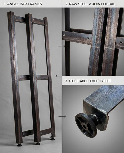 Raw steel angle bar frame with joint detail and adjustable leveling feet